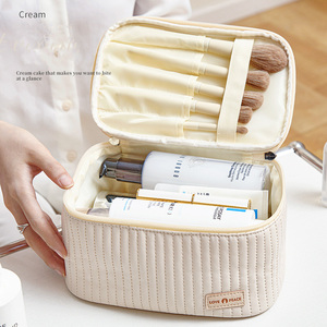 Bolsa de maquillaje con tapa abierta, de PU, color sólido, portátil, para guardar maquillaje, de gran capacidad, con aspecto de alta gama. - Product Image 5