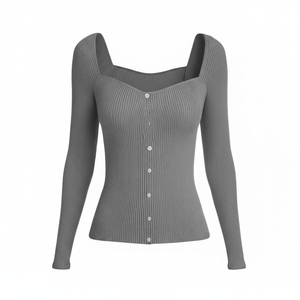 Yms146 Blusa de punto para mujer, cuello cuadrado, manga larga, botones delanteros, color sólido, ajuste elástico, uso diario minimalista - Product Image 1