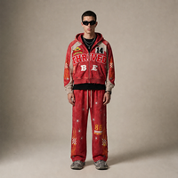 Ensemble de survêtement vintage pour homme avec logo personnalisé, effet délavé, sweat à capuche zippé, pantalon de survêtement large, broderie de patchs, streetwear, ensemble deux pièces