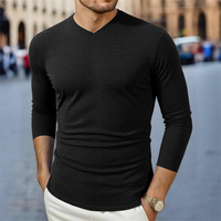 T-shirts en polyester 100% de haute qualité RTS, col en V personnalisé, manches longues, t-shirt noir pour homme, t-shirts unis surdimensionnés, vêtements