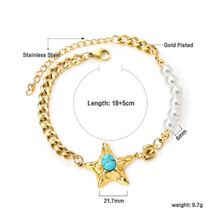สร้อยข้อมือโซ่ทองรูปดาวประดับเทอร์ควอยซ์และไข่มุกสำหรับผู้หญิงใส่ได้ทุกวัน - Product Image 4