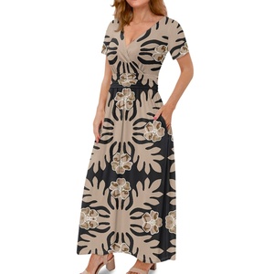 Robe tunique de Bohème de grande taille polynésienne pour femmes, imprimé hawaïen de style géométrique vintage, col en V, coupe ajustée - Product Image 3
