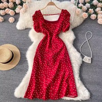 Robe longue SML à col carré et pois, nouvelle collection été, avec manches bouffantes et taille cintrée, style doux et élégant, coupe évasée