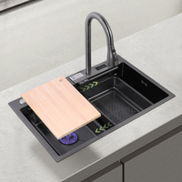 Évier de cuisine à cuve unique fait main, multifonctionnel, en acier inoxydable noir, avec robinet et valve en laiton – Vente flash TikTok