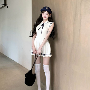 Preppy-Style Lapel Collar, Cap Sleeves, Knitted Lace-Up Dress, Summer New Arrival, First-Love Look, Waist-Cinching Slimming - Product Image 5