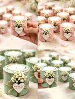 Bougie parfumée en cire de soja avec fleurs séchées et étiquette personnalisée en forme de cœur pour mariage, fête prénuptiale ou anniversaire