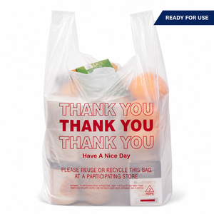 Sacs en HDPE pour T-shirts, personnalisables avec logo, blancs et rouges, imprimés 'Thank You Have A Nice Day', recyclables, pour la vente en gros, la vente au détail, les plats à emporter et l'emballage alimentaire - Product Image 3