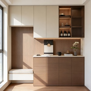Mobile da Balcone Moderno <span class=keywords><strong>con</strong></span> Mensole Aperte a LED e Seduta Imbottita, Contenitore in Legno per Progetti Personalizzati - Product Image 1