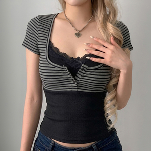 Conjunto de Dos Piezas para Mujer, Estilo Y2K, Verano, Camiseta Corta a Rayas con Contraste de Color, Camisola de Encaje, Corte Ajustado, Tejido Ecológico - Product Image 3