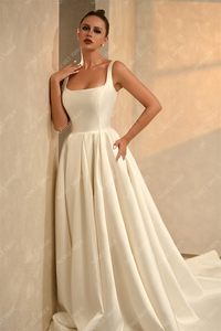 Abito da <span class=keywords><strong>sposa</strong></span> LY-WD1350 in raso di alta qualità con strascico per spose, elegante, personalizzabile, stile <span class=keywords><strong>vintage</strong></span>, taglia e scollo personalizzabili - Product Image 3