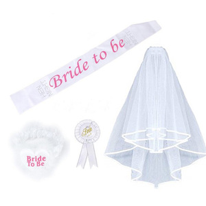 Kit d'accessoires complet pour future mariée, <span class=keywords><strong>tout</strong></span> inclus : écharpe, voile, jarretière, badge pour enterrement de vie de jeune fille et décoration de fête prénuptiale - Product Image 1