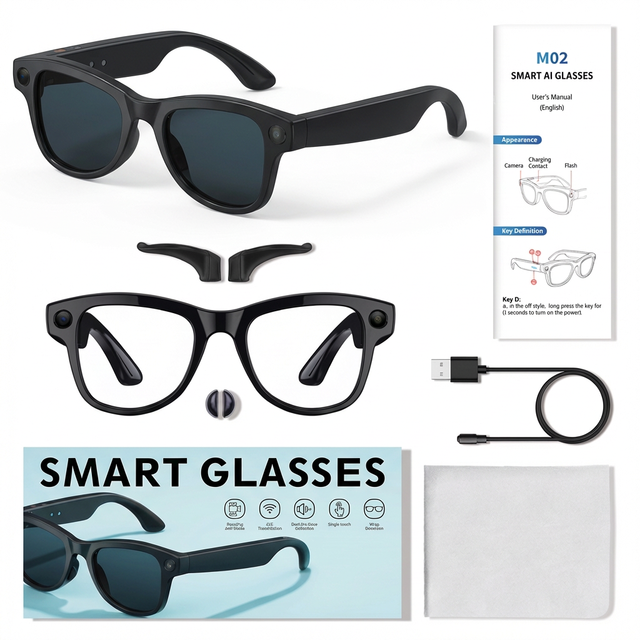 M02 1080P Voice Control Smart AI Glasses Photo Video Audio Record Music Real-Time Translation IPX67 Waterproof Magnetic Charging