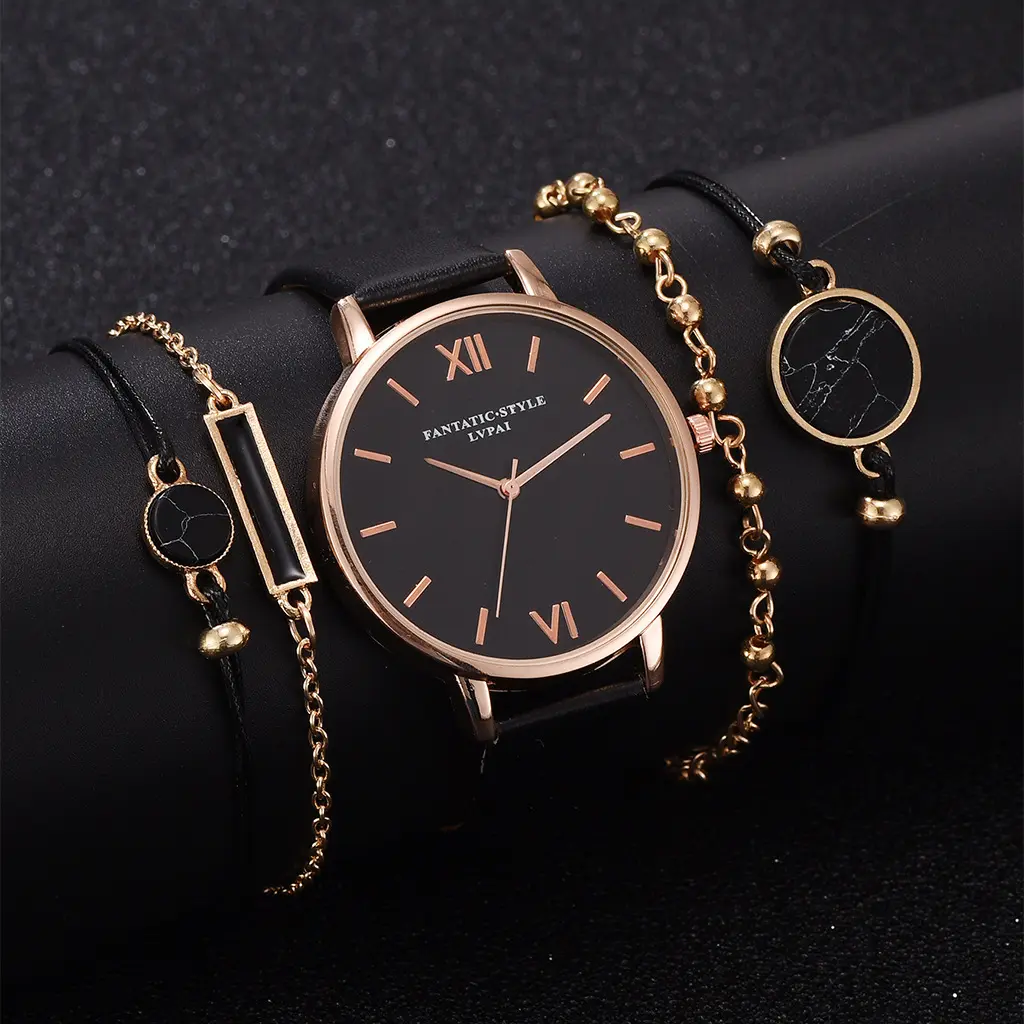 Ensemble de 5 montres pour femme, montre-bracelet analogique à Quartz, en cuir de luxe, 5 pièces/lot, à la mode, robe Reloj Mujer, horloge noire