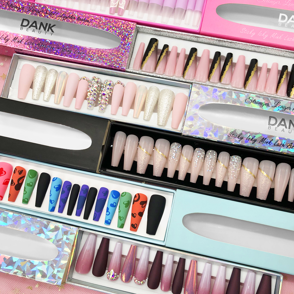 Artificial Crystal False Nail, Full Cover, Decorated Art Tools, Press On Nail Packaging Box, Wholesale, 24Pcs