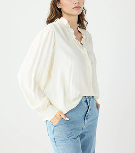 Blusa Corta de Manga Larga con Cuello en V, Estilo Francés, Transpirable, Ecológica, de Viscosa, Corte Holgado, Informal para Mujer, Personalizada de Fábrica - Product Image 6