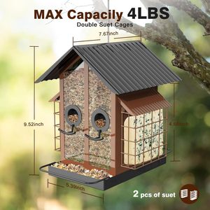 Mangiatoia per Uccelli 2 in 1 con Semi Misti e Doppia Gabbia in Metallo, Tetto Impermeabile per Fringuelli, Cardinali e Cinciali - Product Image 4