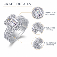 Bague en Moissanite Argent S925 Coupée Émeraude 1,5 Carat avec Halo Pavé, Ensemble de Trois Pièces Empilables pour Mariage et Fiançailles