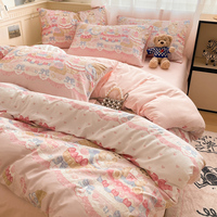 Ensemble de literie en coton pur lavé, directement de l'usine, 4 pièces, motif de dessin animé mignon, couleur unie, housse de couette, adolescents, enfants, en vrac