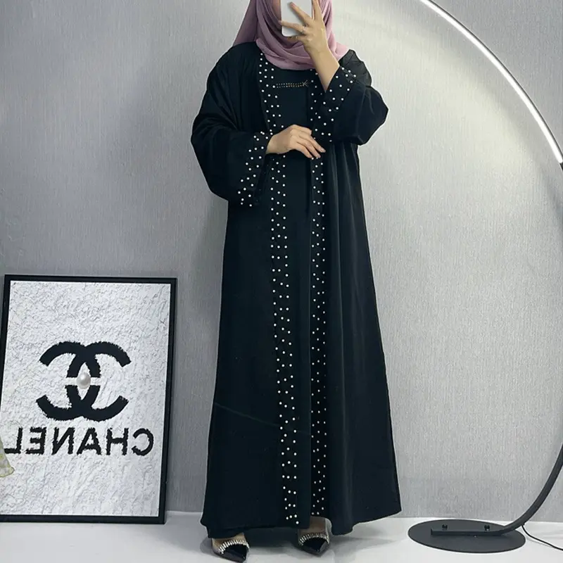 Women'S Arabic Kaftan Fashionable And Elegant Solid Color Beaded Lace-Up Cardigan Robe
