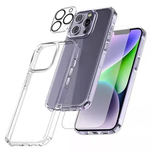 Capa de TPU 3 em 1 com protetor de tela e protetor de câmera para iphone 14 12 13 Xs 11 6 7 8 15 Xr X Plus Mini