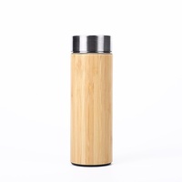 Botol Termos Vakum Dinding Ganda 450ml dari Baja Tahan Karat 304 dengan Cangkang Bambu, Saringan Teh, Desain Modern