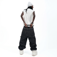 DiZNEW Jean cargo en denim brut pour homme, coupe large empilée, poches utilitaires, ceinture à œillets, pantalon streetwear, usine OEM ODM sur mesure