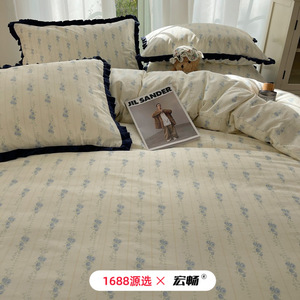 Korean Style Pure Cotton Printed Four-Piece <b>Bedding</b> <b>Set</b> With Lace Trim Breathable Autumn Winter Use - Product Image 2