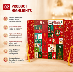 Boîte cadeau de Noël rouge avec 24 compartiments, ruban doré, papier artistique pour chocolats, jouets, surprises de Noël, boîte de calendrier de l'avent - Product Image 3