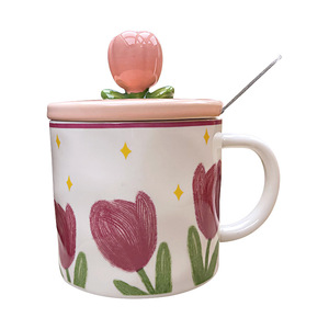 Zuo Mu Tulip Ceramic Mug With Lid And Spoon Reusable Couple Gift <b>Cup</b> For Summer 2022 - Product Image 5