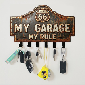 Man Cave Vintage Metal Sign <strong>Key</strong> Holder Rustic Route 66 <strong>Hook</strong> My Garage My Rule Sign Multi-purpose Cowboy Club Iron <strong>Wall</strong> <strong>Hook</strong> - Product Image 1