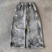 Pantalon de jogging ample gris vintage personnalisé, effet usé, bords effilochés, coupe large, avec cordon de serrage, en coton bouclette, pour homme, style streetwear