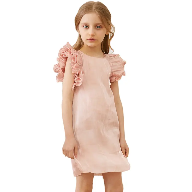 Высококачественные летние розовые удобные Полиэстеровые тканые детские праздничные Свадебные платья без рукавов для маленьких девочек