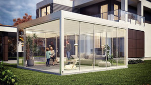 Toldo de cenador de aluminio con techo de persianas motorizado independiente para exteriores con <span class=keywords><strong>cortinas</strong></span> enrollables de puerta de cristal deslizante para Patio - Product Image 2