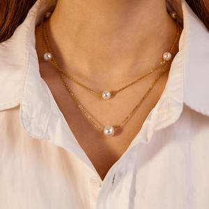 Collier tendance et élégant en acier inoxydable plaqué or 18K 14K double couche avec perles collées, fabrication américaine - Product Image 3