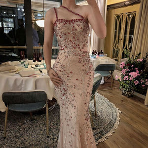 Red Diagonal Shoulder Strap Stones Beaded <b>Mermaid</b> Floor-Length Halter Neck Evening Built-in <b>Bra</b> for Women - Product Image 2