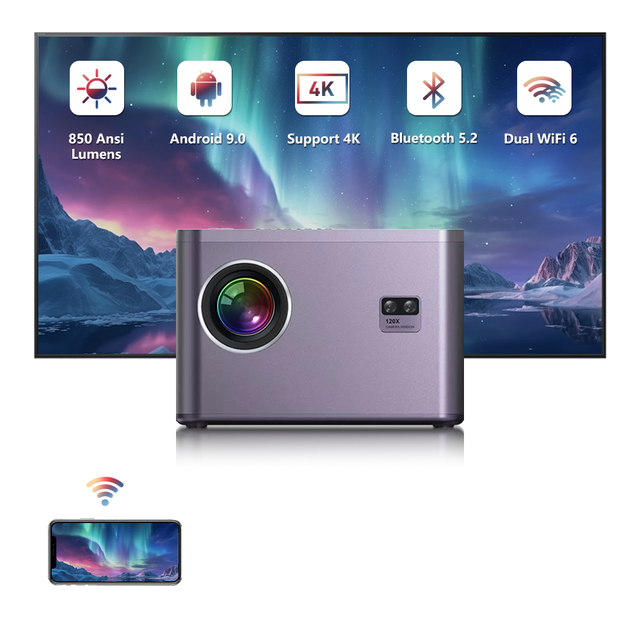 Mini Proyector Portatil 1080p 850 Ansi Lumen Outdoor Day and Night Projector with Built in Apps and Extension Stand