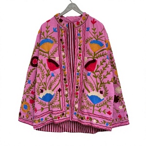 Buy Suzani Embroidered Knitted Velvet <b>Quilted</b> Reversible Bomber Jacket Eco-Friendly Windproof Vintage Hippie Style Pink - Product Image 1
