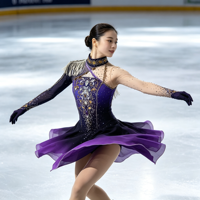Costume de patinage artistique violet et noir dégradé, robe en maille à manches longues avec strass pour filles adultes, compétition et performance
