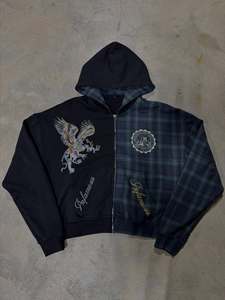 Chaqueta con Cremallera y Bloques de Color Personalizada, Estilo Holgado, Lavado Ácido, Corte y Costura, Franjas, Sudadera con Capucha de Franela de 500 Gsm para Hombre - Product Image 1