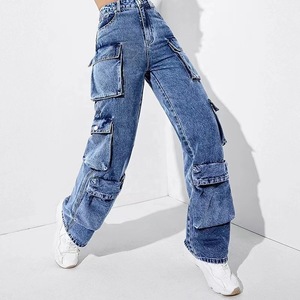 Jeans Cargo da <span class=keywords><strong>Donna</strong></span> a Vita Alta <span class=keywords><strong>con</strong></span> Tasche Multiple, Gamba Larga, Denim Sbiadito e Lavato, Jeans Sovrapposti in Cotone - Product Image 4