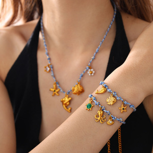 Ocean Theme Pendant Necklace And <b>Bracelet</b> <b>Set</b> Blue Rope Braided Starfish Dolphin Turtle Zinc Alloy Women's Jewelry Gift - Product Image 4