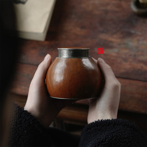 Old Style Gourd <b>Tea</b> <b>Caddy</b> Round With Lid Portable Travel Chinese <b>Tea</b> Ceremony Utensil - Product Image 2