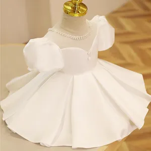 Đầm Công Chúa Xếp Ly Hoa Sinh Nhật Cho Bé Gái Màu Trắng Sa Tanh Đặt Làm Theo Yêu Cầu Oem Dự Tiệc