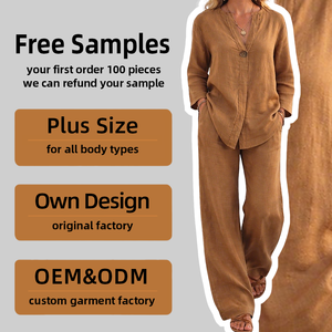 Ensemble Lounge en Lin Camel OEM Personnalisé pour <span class=keywords><strong>Femme</strong></span> – Haut Boutonné Col V et Pantalon Large Coupe Décontractée <span class=keywords><strong>Chic</strong></span> Minimaliste – Ensemble 2 Pièces pour <span class=keywords><strong>Femme</strong></span> - Product Image 1
