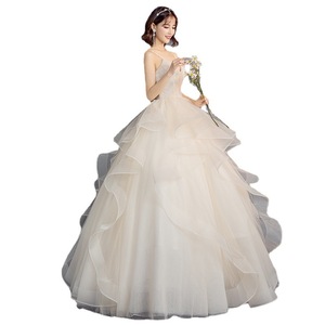 White V-Neck Ball Gown Wedding Dress Champagne Color Floor Length Formal Bridal Dress With Straps Natural Waistline - Product Image 5