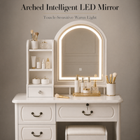 Coiffeuse de maquillage vintage moderne européenne avec miroir arqué éclairé, ensemble de table de toilette blanc cassé pour chambre à coucher, idéal pour usage hôtelier