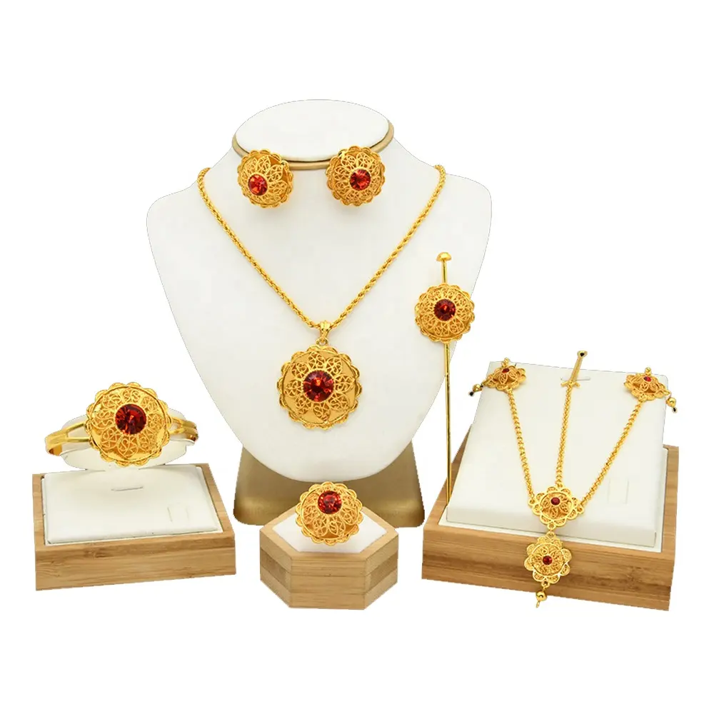 Wholesale 6 Pcs African United Arab Emirates Jewelry sets Habesha Ethiopian Jewellery Gold Color Bridal Wedding Gift HWT120