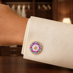 Handmade Enamel Lotus Flower Cufflinks <b>for</b> <b>Men</b> Brass Gold Plated Navy Pink Formal Wear Birthday Anniversary Rajasthan - Product Image 5