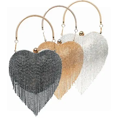 Hot Sale Diamond Shiny Heart Shape Tassel Women Ladies Evening Bags Rhinestone Crystal Bag Luxury Handbags Clutch Purses