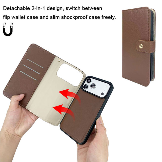 Shockproof Detachable Magnetic Back Cover with Multi-Functional Wallet Flip Case for iPhone 16 17 Pro Max - Business Style
